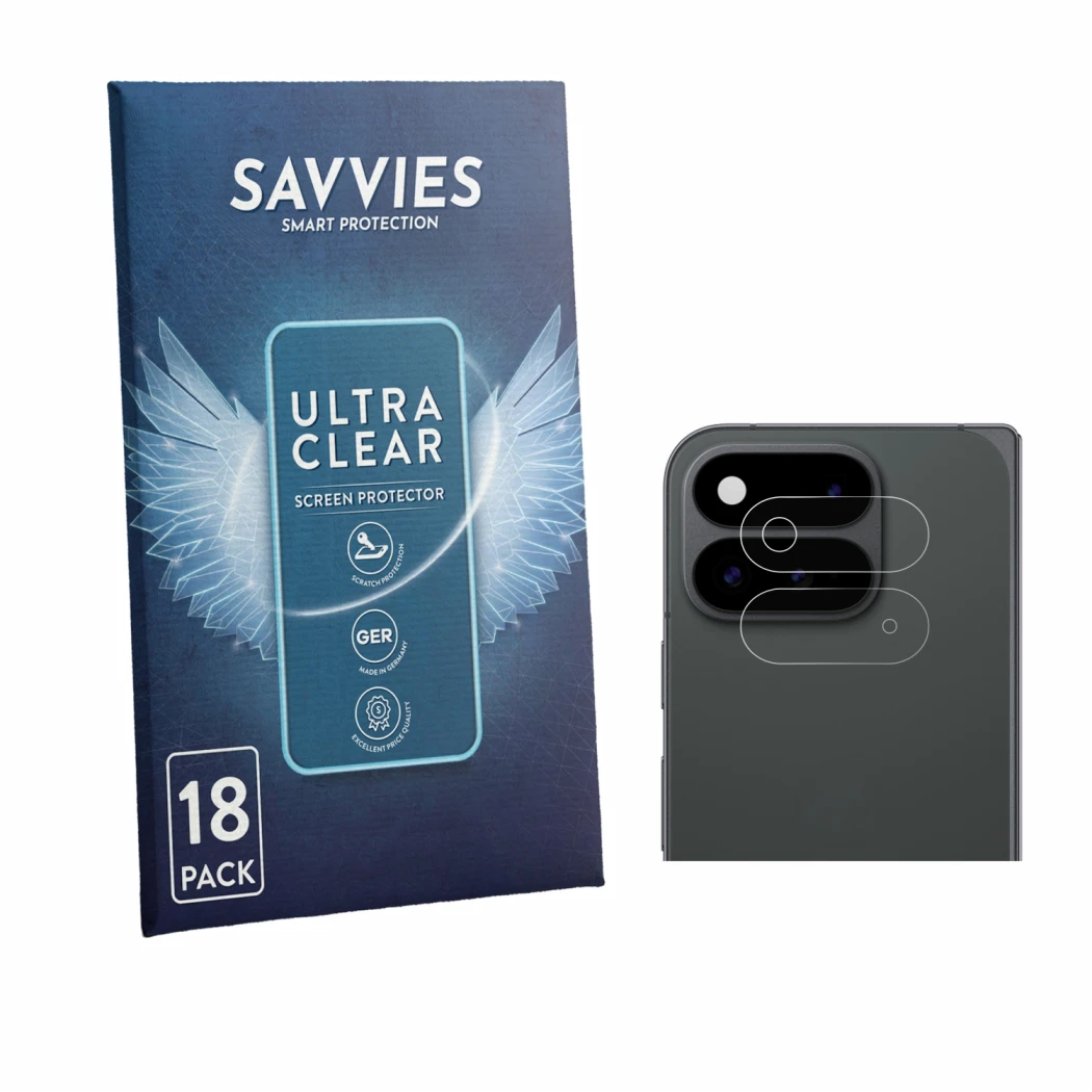 Face avant d’un emballage produit avec le logo de la marque Savvies. À côté, l’appareil Google Pixel 11 Pro Fold (Caméra UNIQU