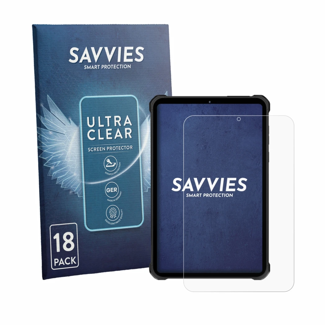 Face avant d’un emballage produit avec le logo de la marque Savvies. À côté, l’appareil Oukitel RT11 est représenté avec la pr