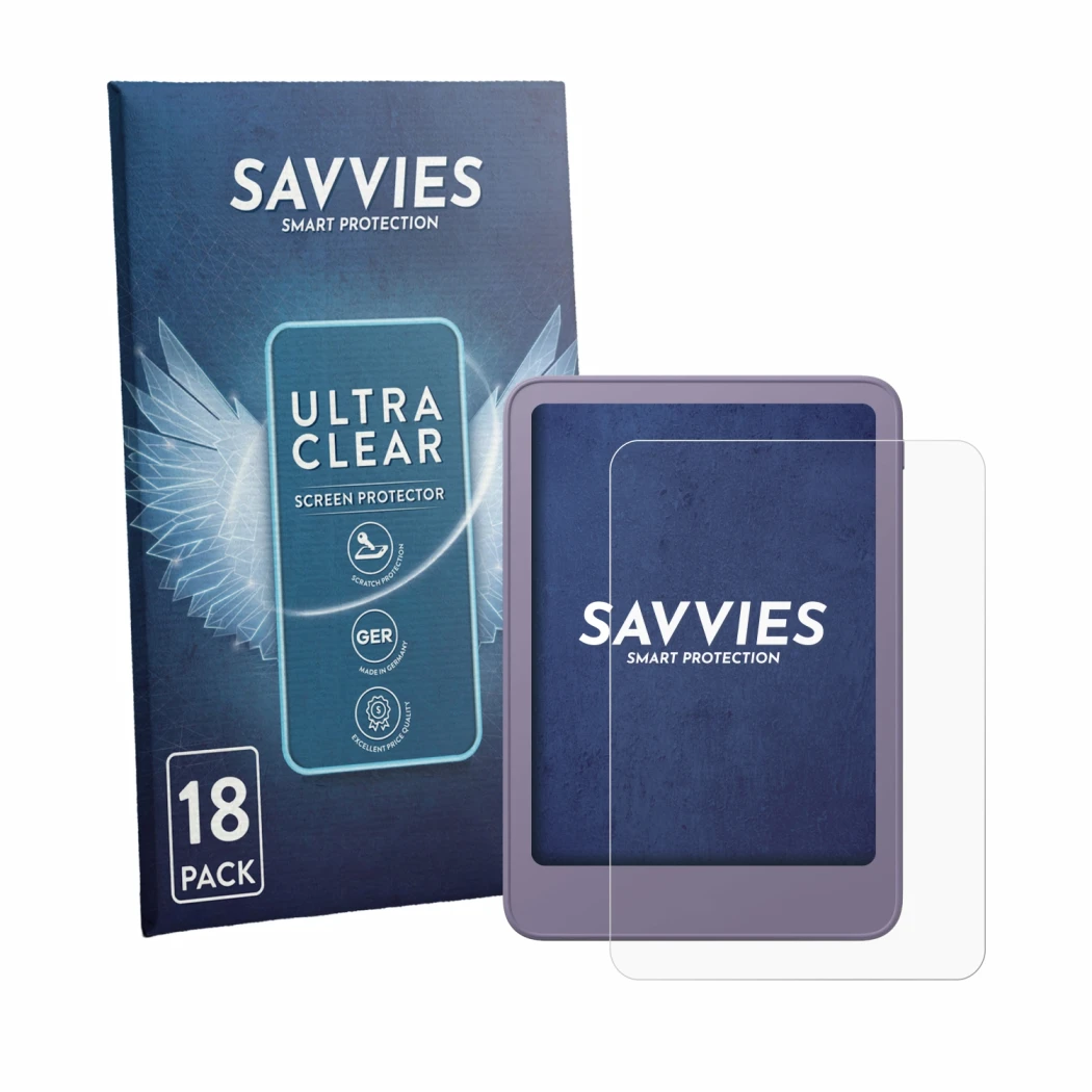 Face avant d’un emballage produit avec le logo de la marque Savvies. À côté, l’appareil Amazon Kindle 2026 est représenté avec
