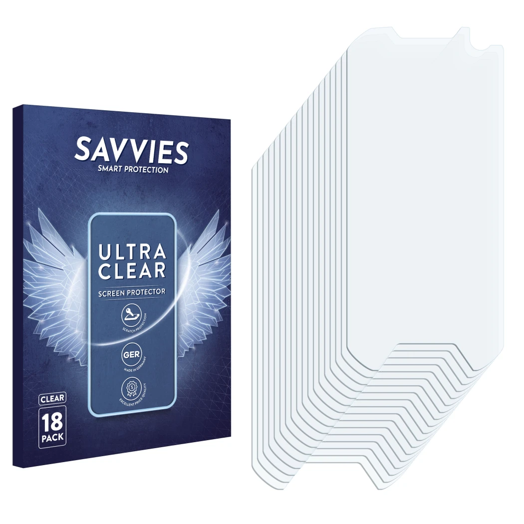 Face avant d’un emballage produit avec le logo de la marque Savvies. À côté se trouve la protection d’écran correspondante.