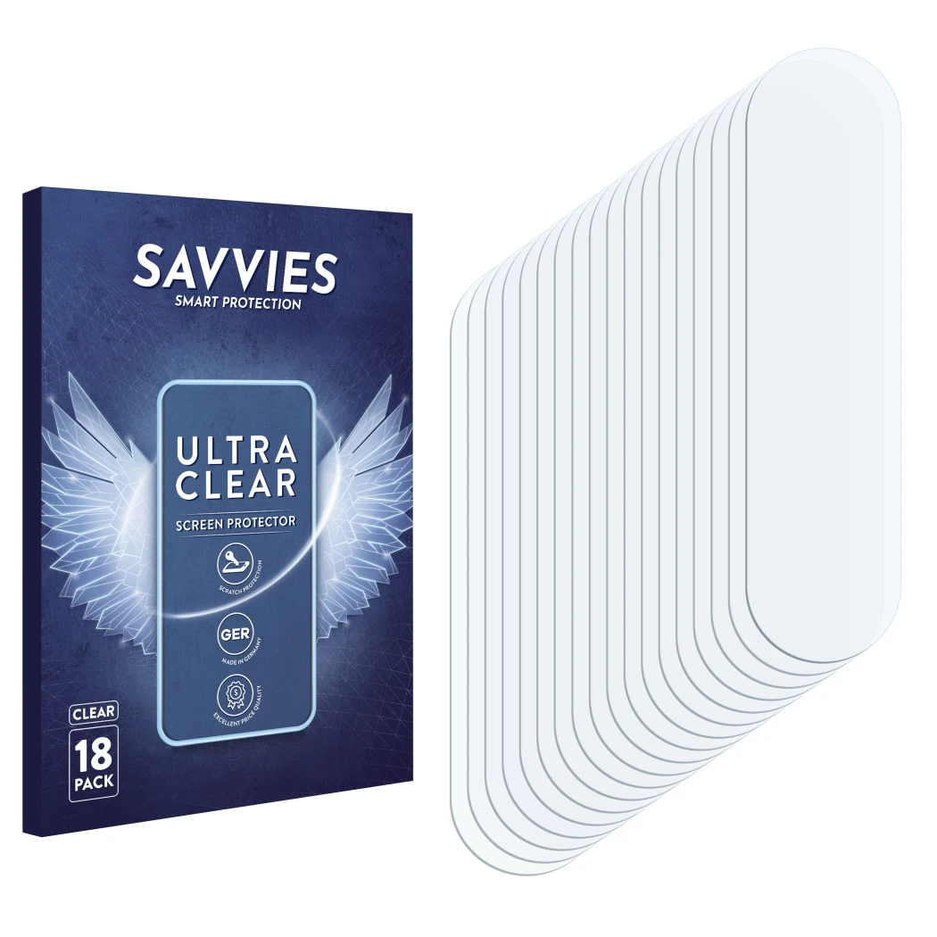 Face avant d’un emballage produit avec le logo de la marque Savvies. À côté se trouve la protection d’écran correspondante.