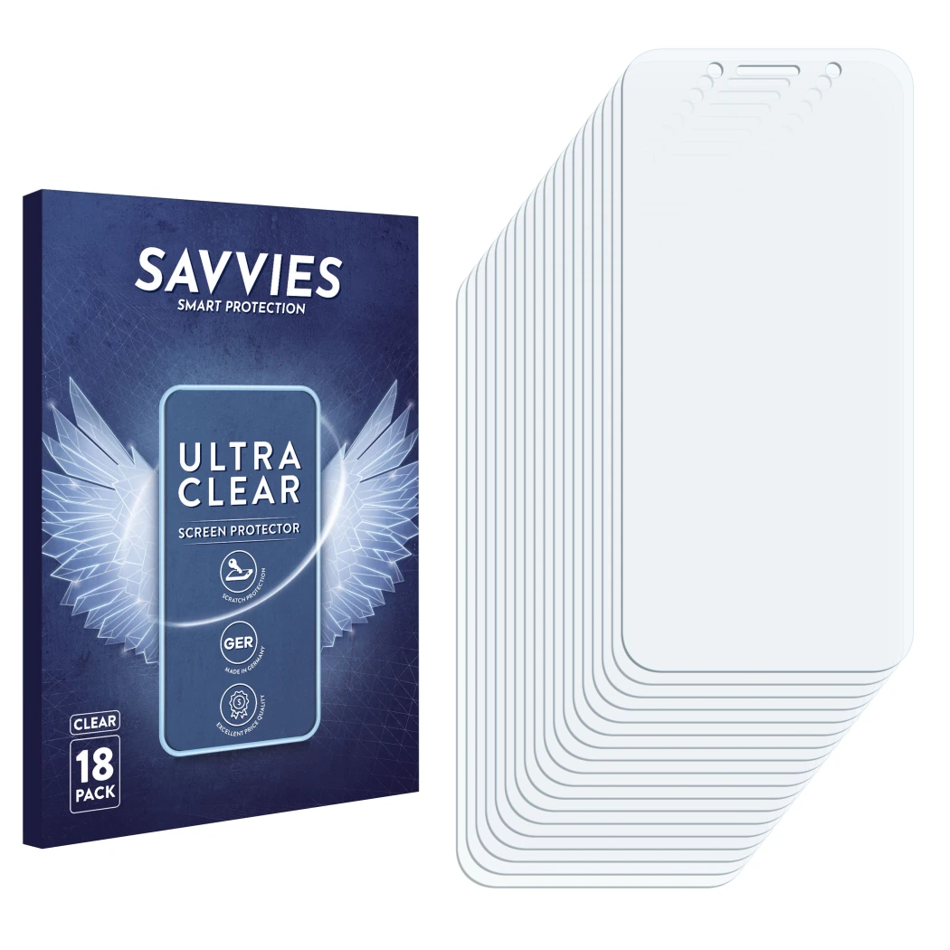 Face avant d’un emballage produit avec le logo de la marque Savvies. À côté se trouve la protection d’écran correspondante.