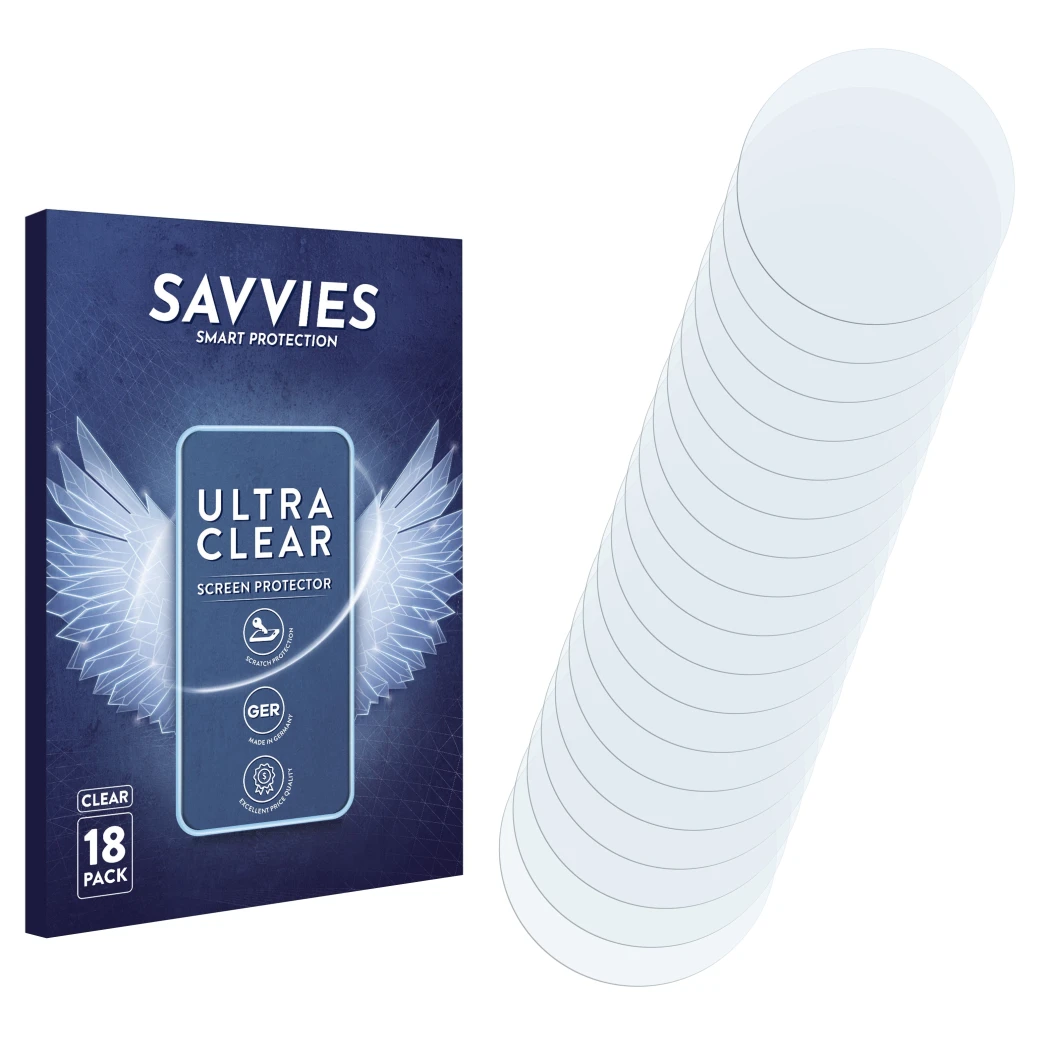 Face avant d’un emballage produit avec le logo de la marque Savvies. À côté se trouve la protection d’écran correspondante.