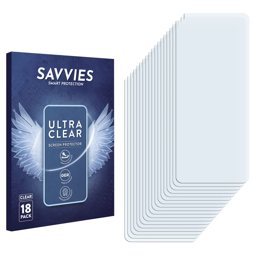Face avant d’un emballage produit avec le logo de la marque Savvies. À côté se trouve la protection d’écran correspondante.