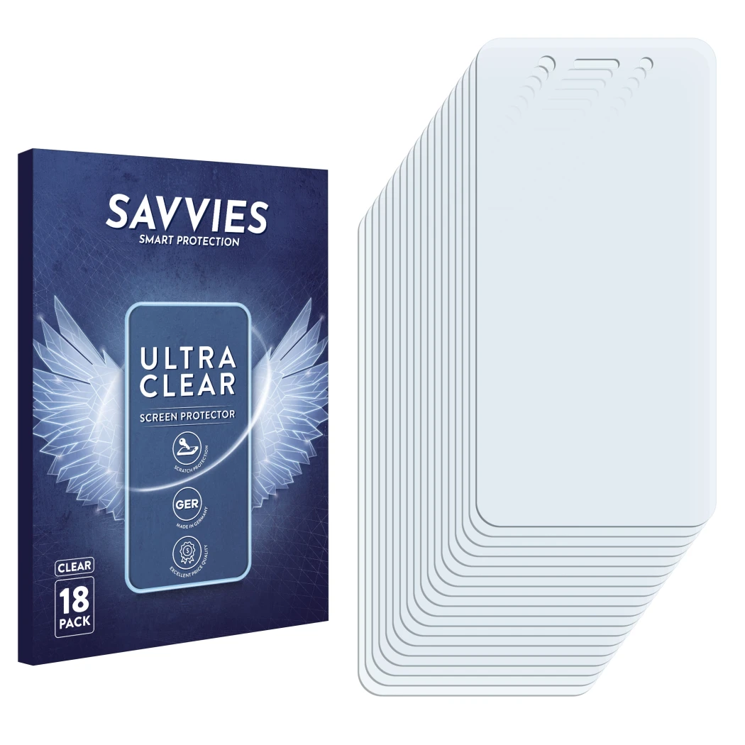 Face avant d’un emballage produit avec le logo de la marque Savvies. À côté se trouve la protection d’écran correspondante.