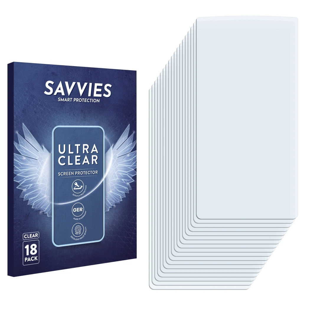 Face avant d’un emballage produit avec le logo de la marque Savvies. À côté se trouve la protection d’écran correspondante.