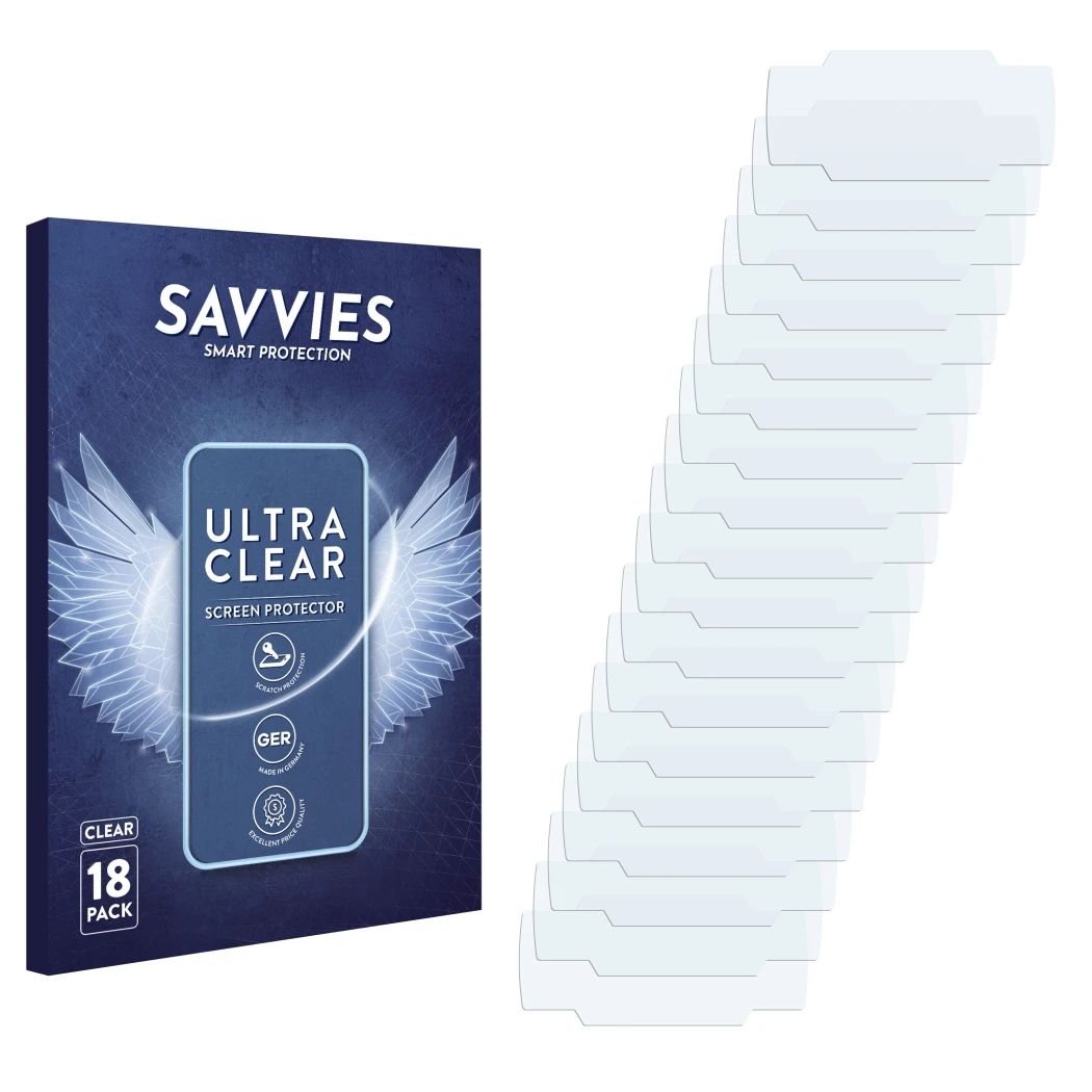 Face avant d’un emballage produit avec le logo de la marque Savvies. À côté se trouve la protection d’écran correspondante.