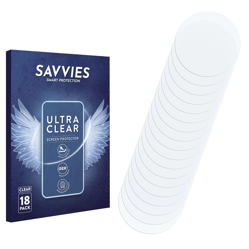 Face avant d’un emballage produit avec le logo de la marque Savvies. À côté se trouve la protection d’écran correspondante.