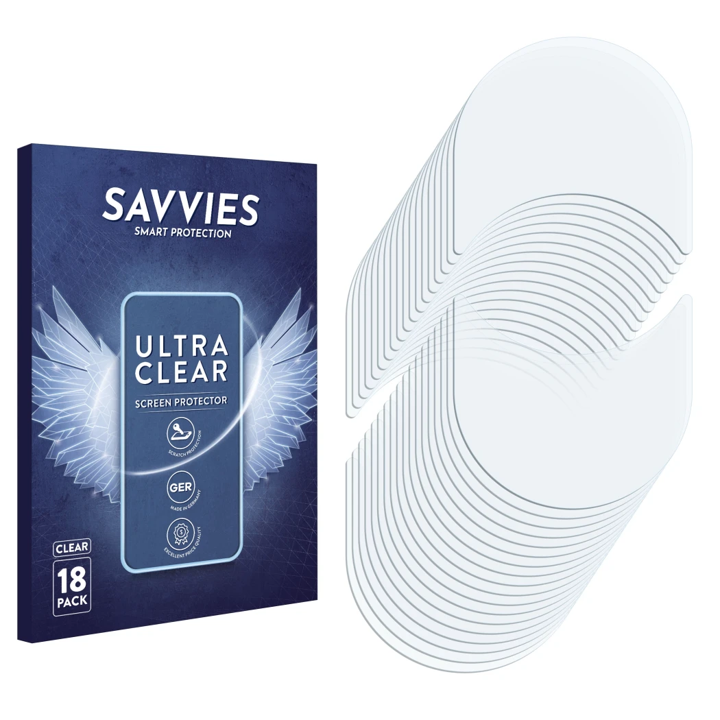 Face avant d’un emballage produit avec le logo de la marque Savvies. À côté se trouve la protection d’écran correspondante.