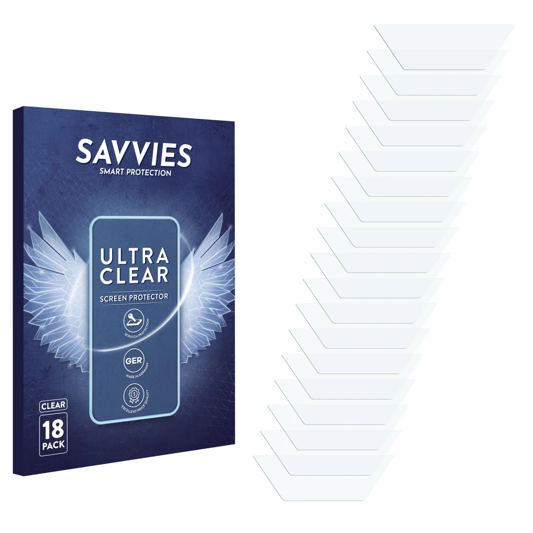 Face avant d’un emballage produit avec le logo de la marque Savvies. À côté se trouve la protection d’écran correspondante.
