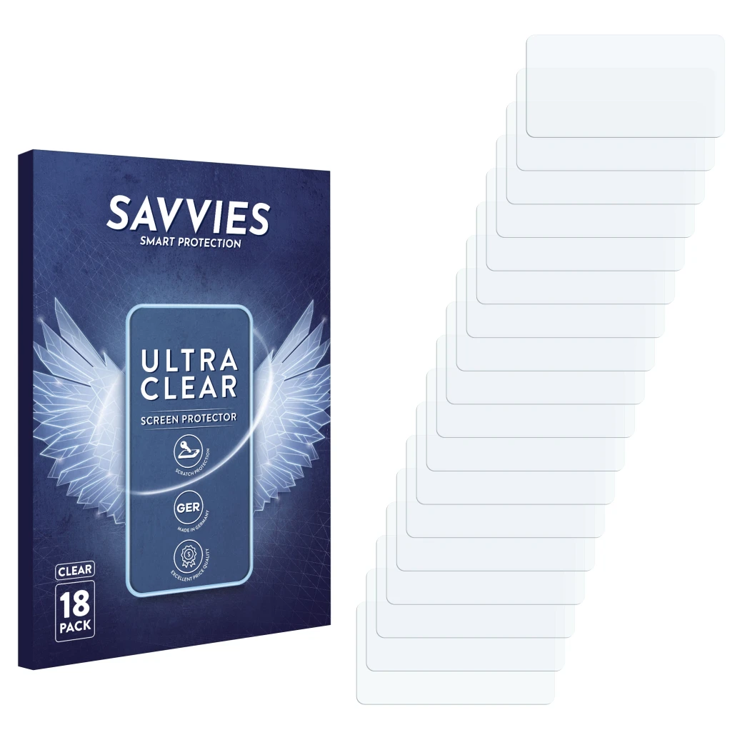 Face avant d’un emballage produit avec le logo de la marque Savvies. À côté se trouve la protection d’écran correspondante.