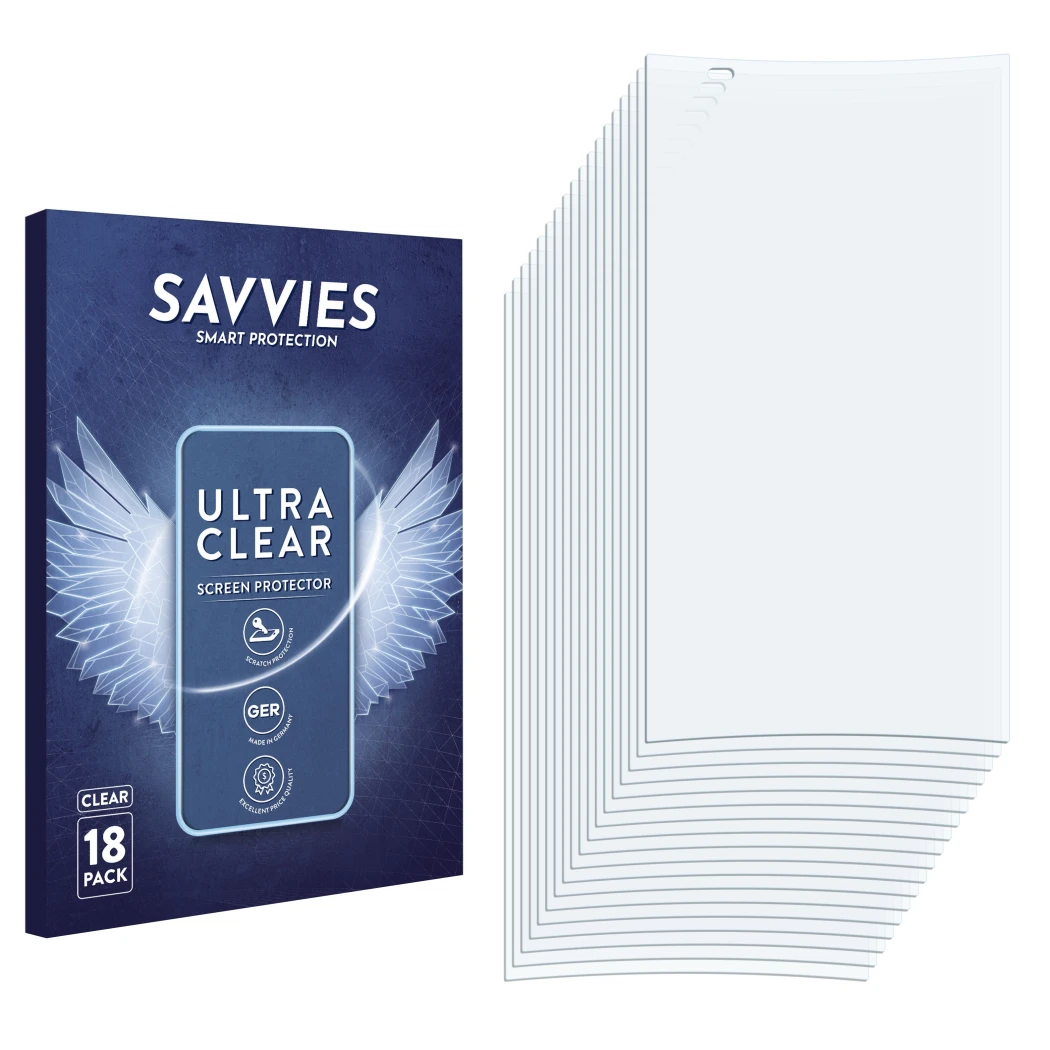 Face avant d’un emballage produit avec le logo de la marque Savvies. À côté se trouve la protection d’écran correspondante.