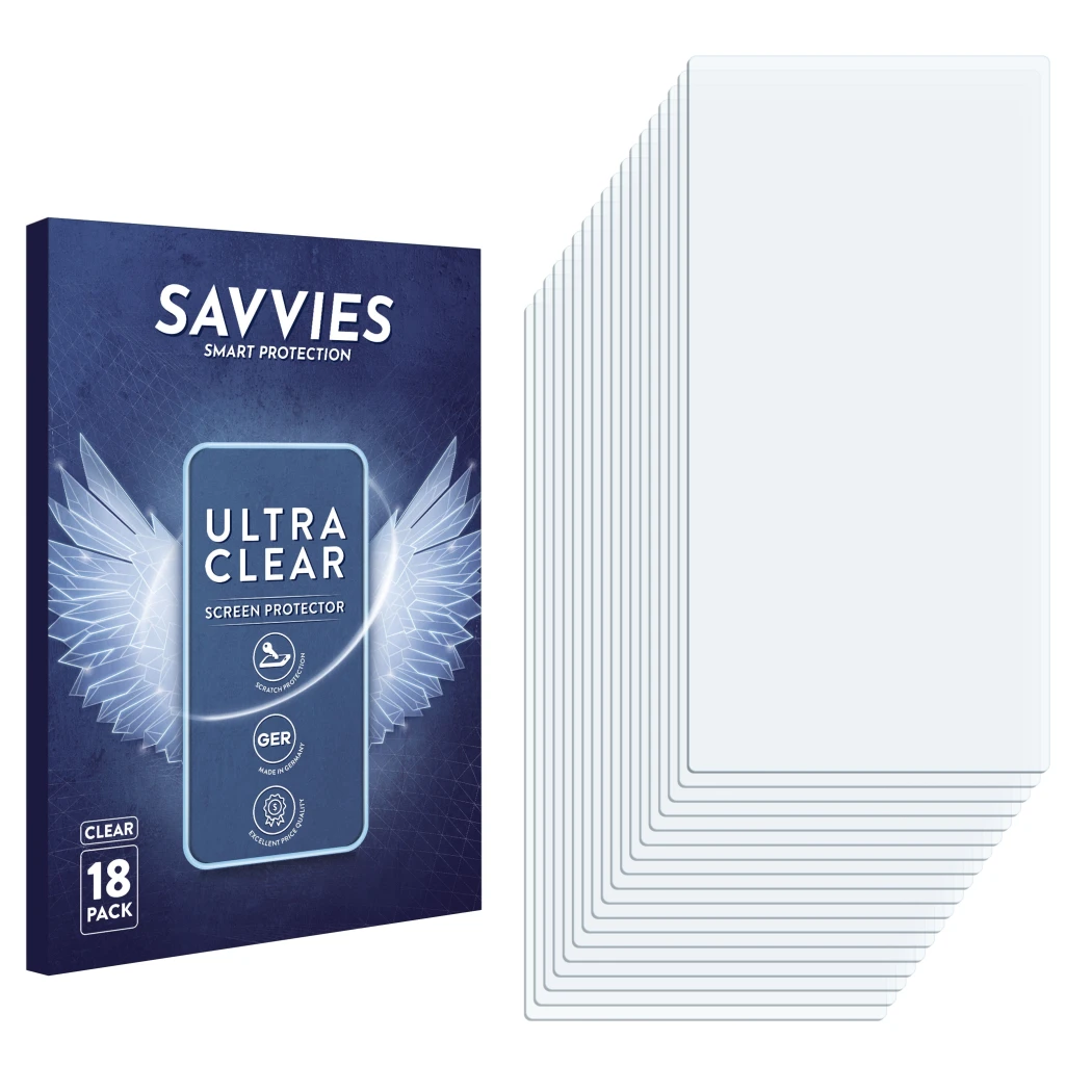 Face avant d’un emballage produit avec le logo de la marque Savvies. À côté se trouve la protection d’écran correspondante.