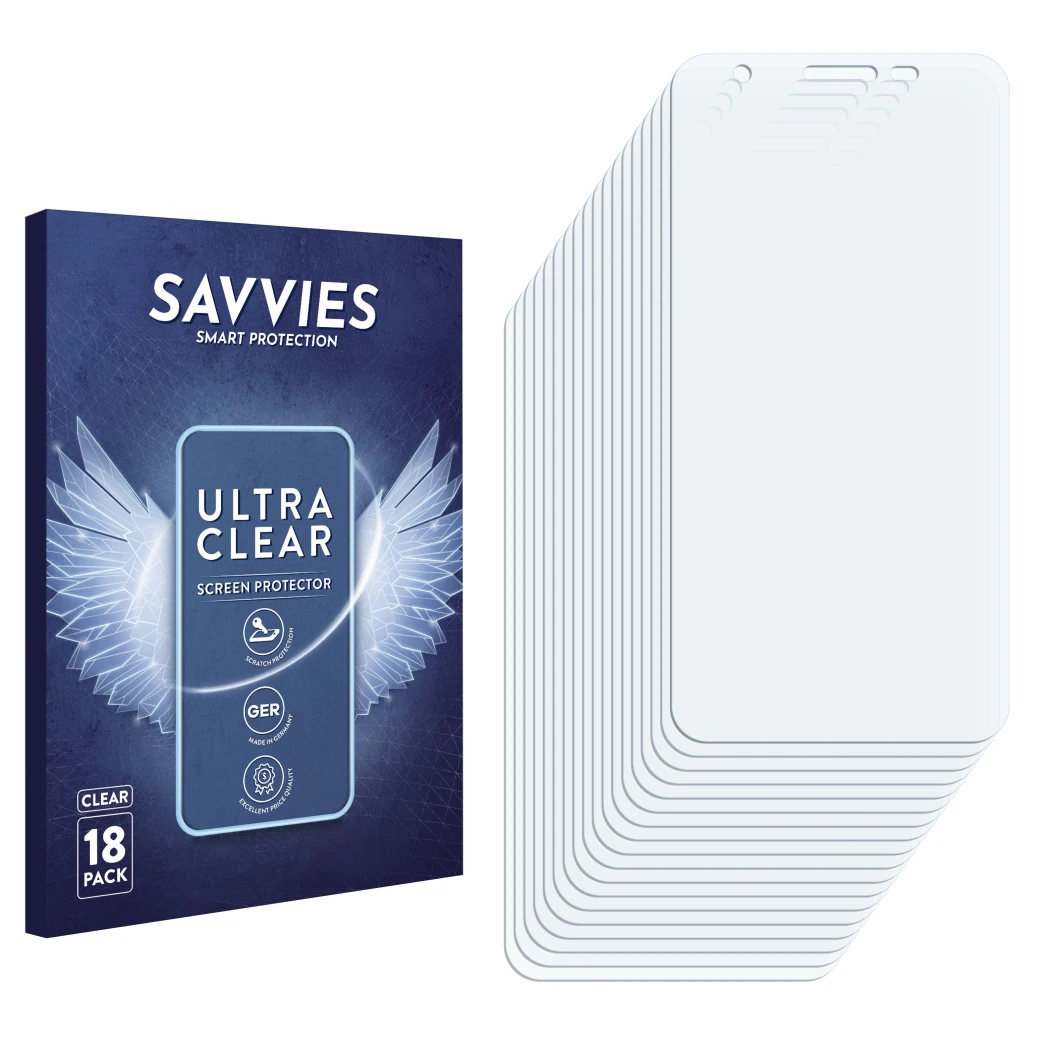 Face avant d’un emballage produit avec le logo de la marque Savvies. À côté se trouve la protection d’écran correspondante.