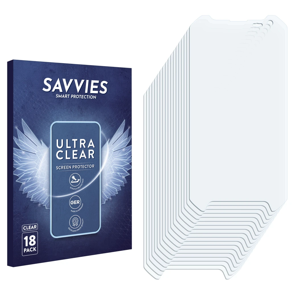 Face avant d’un emballage produit avec le logo de la marque Savvies. À côté se trouve la protection d’écran correspondante.