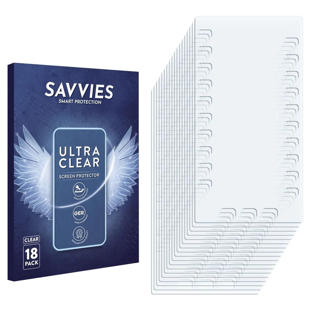 Face avant d’un emballage produit avec le logo de la marque Savvies. À côté se trouve la protection d’écran correspondante.