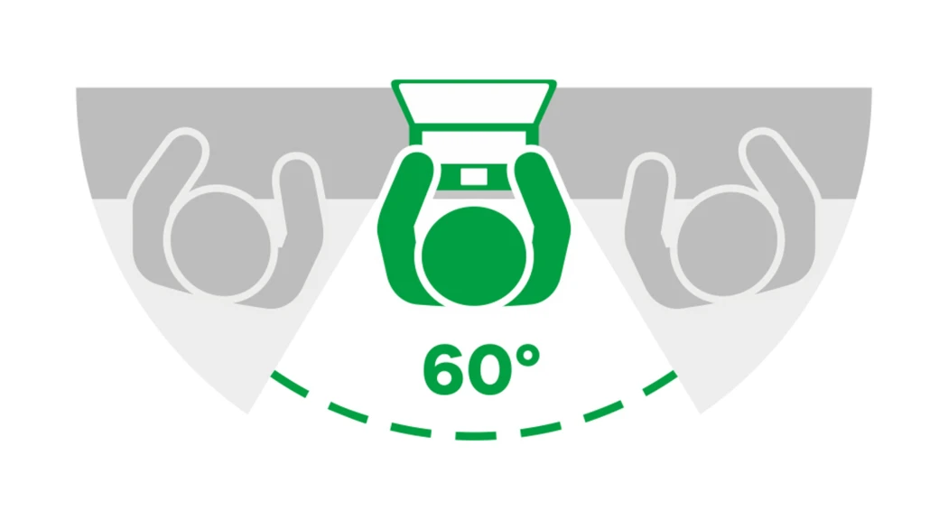 Image symbolique avec l’appareil et filtre de confidentialité : zone visible de 60°, 30° bloqués de chaque côté.