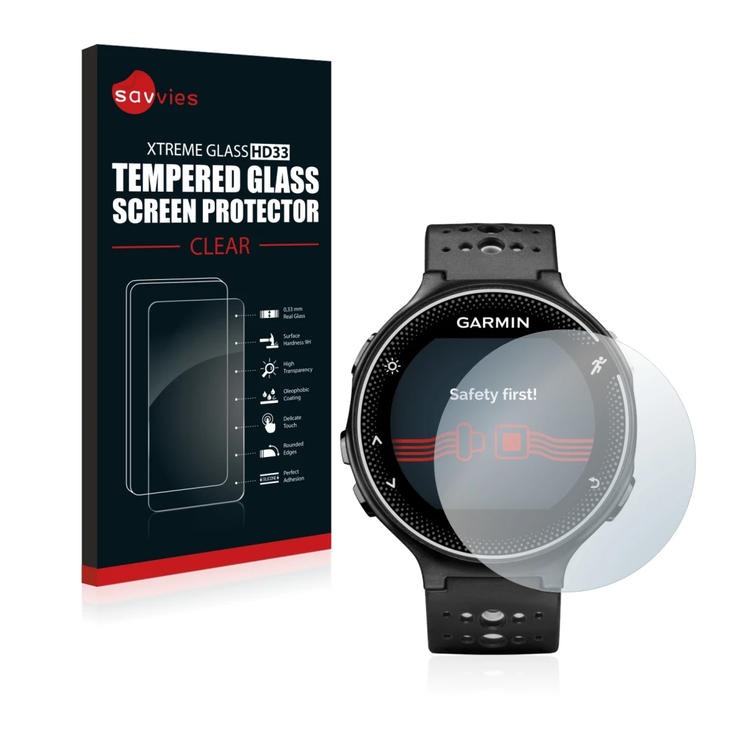 Face avant d’un emballage produit avec le logo de la marque Savvies. À côté, l’appareil Garmin Forerunner 230 est représenté a
