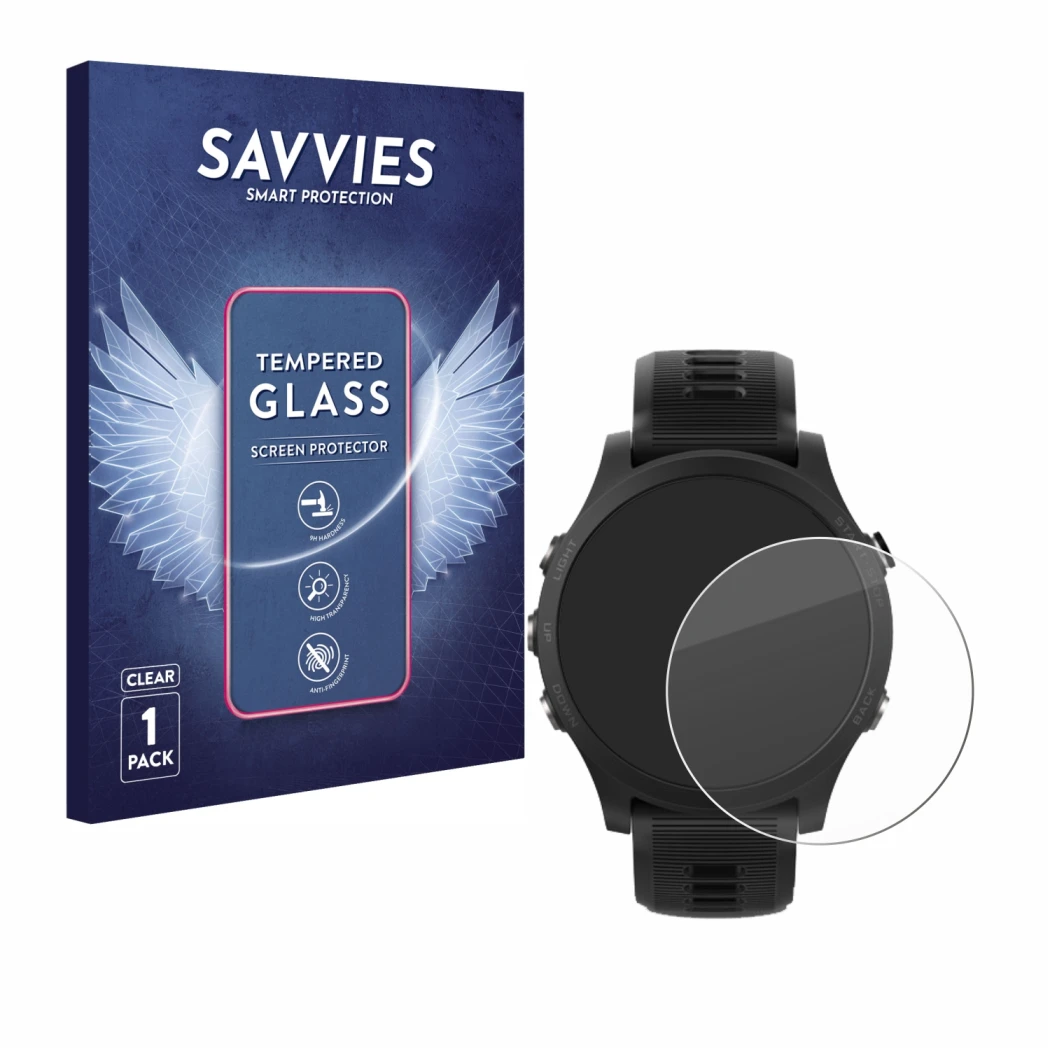 Face avant d’un emballage produit avec le logo de la marque Savvies. À côté, l’appareil Garmin Forerunner 935 est représenté a