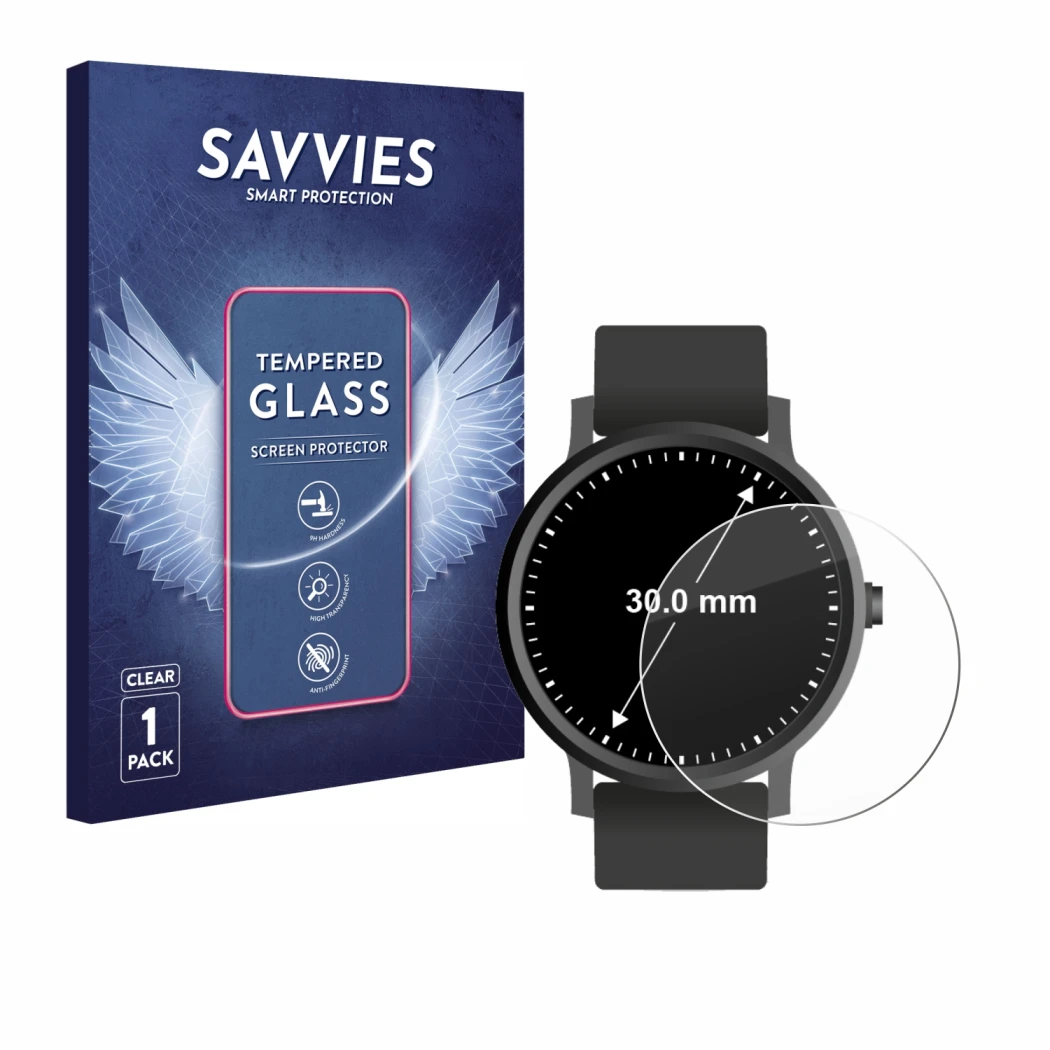 Face avant d’un emballage produit avec le logo de la marque Savvies. À côté, l’appareil Circulaire Displays (ø: 30 mm) est rep