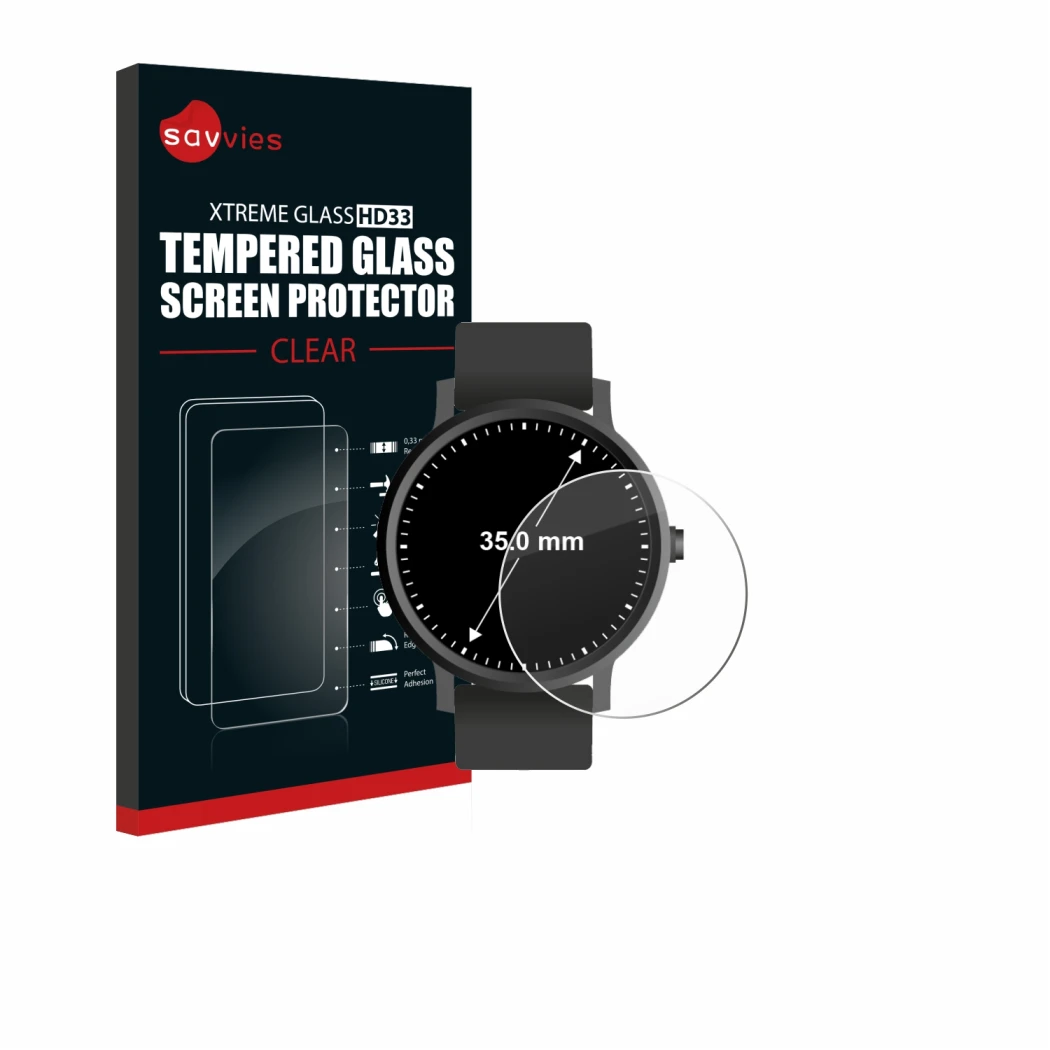 Face avant d’un emballage produit avec le logo de la marque Savvies. À côté, l’appareil Circulaire Displays (ø: 35 mm) est rep