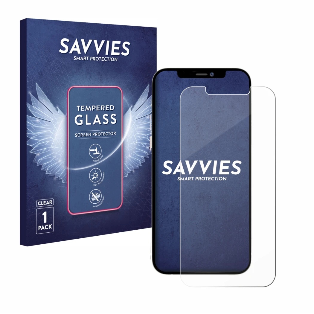 Face avant d’un emballage produit avec le logo de la marque Savvies. À côté, l’appareil Apple iPhone 12 Pro Max est représenté