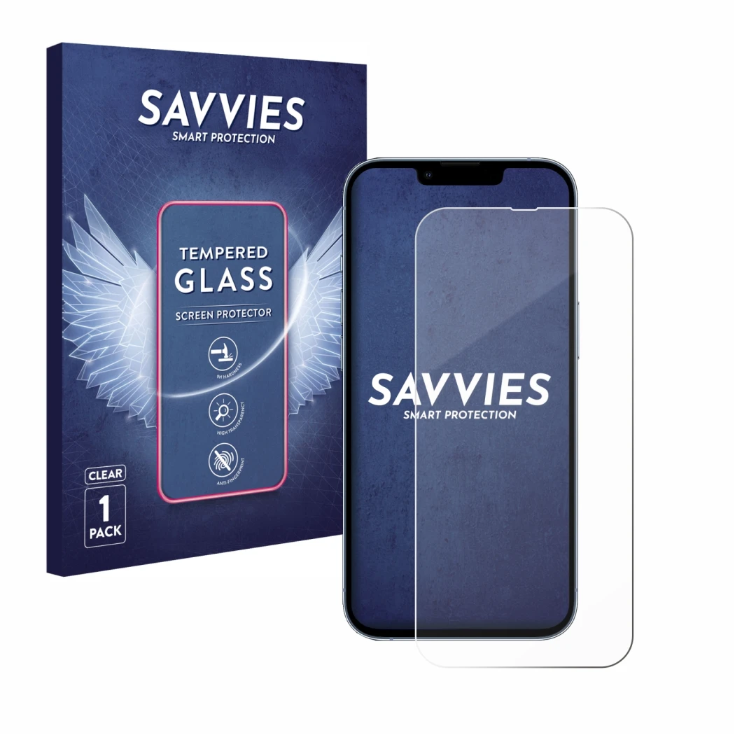 Face avant d’un emballage produit avec le logo de la marque Savvies. À côté, l’appareil Apple iPhone 13 Pro est représenté ave