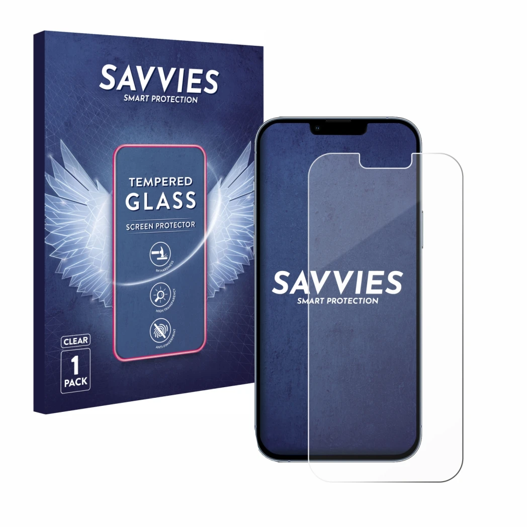 Face avant d’un emballage produit avec le logo de la marque Savvies. À côté, l’appareil Apple iPhone 13 Pro Max est représenté