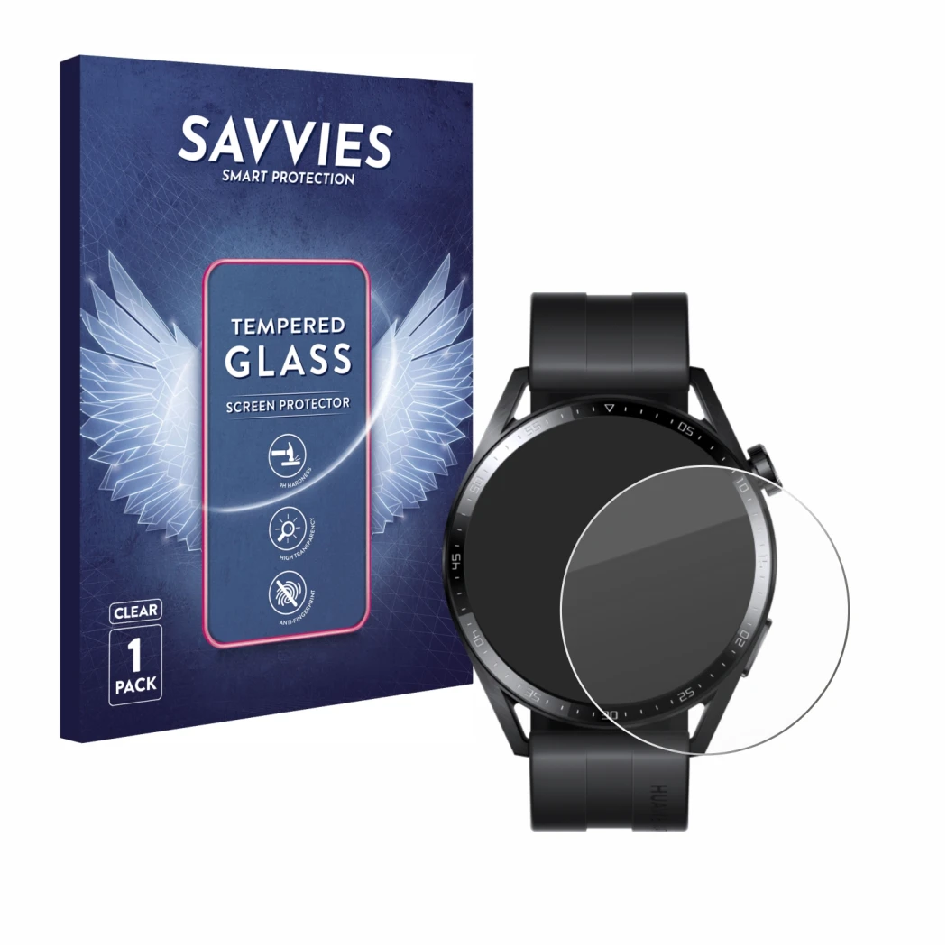 Face avant d’un emballage produit avec le logo de la marque Savvies. À côté, l’appareil Huawei Watch GT 3 (46 mm) est représen