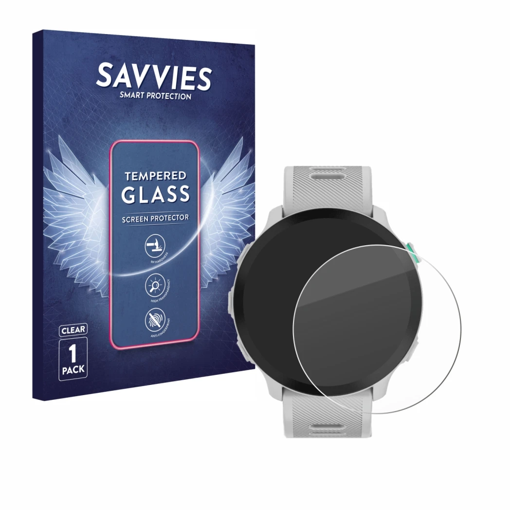Face avant d’un emballage produit avec le logo de la marque Savvies. À côté, l’appareil Garmin Forerunner 55 est représenté av