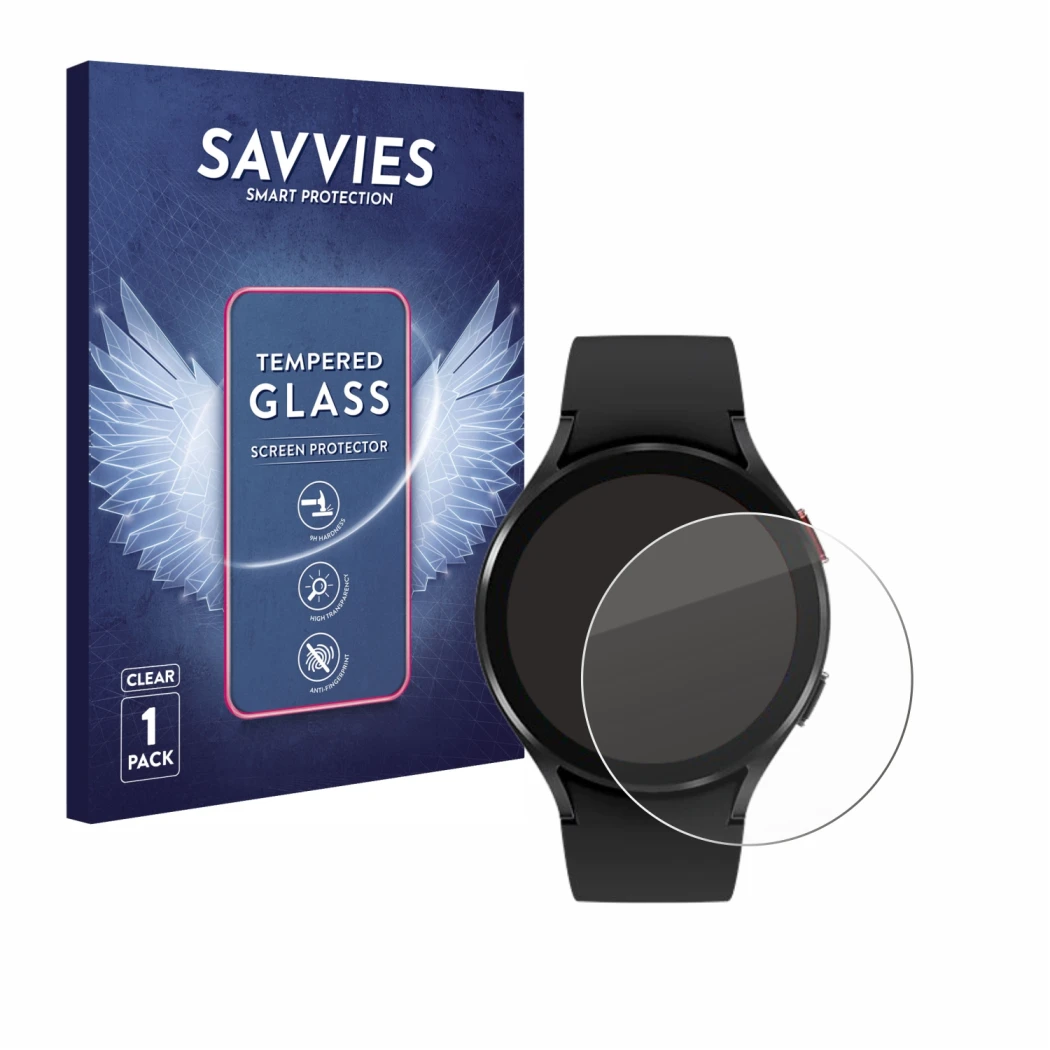 Face avant d’un emballage produit avec le logo de la marque Savvies. À côté, l’appareil Samsung Galaxy Watch 4 (44mm) est repr