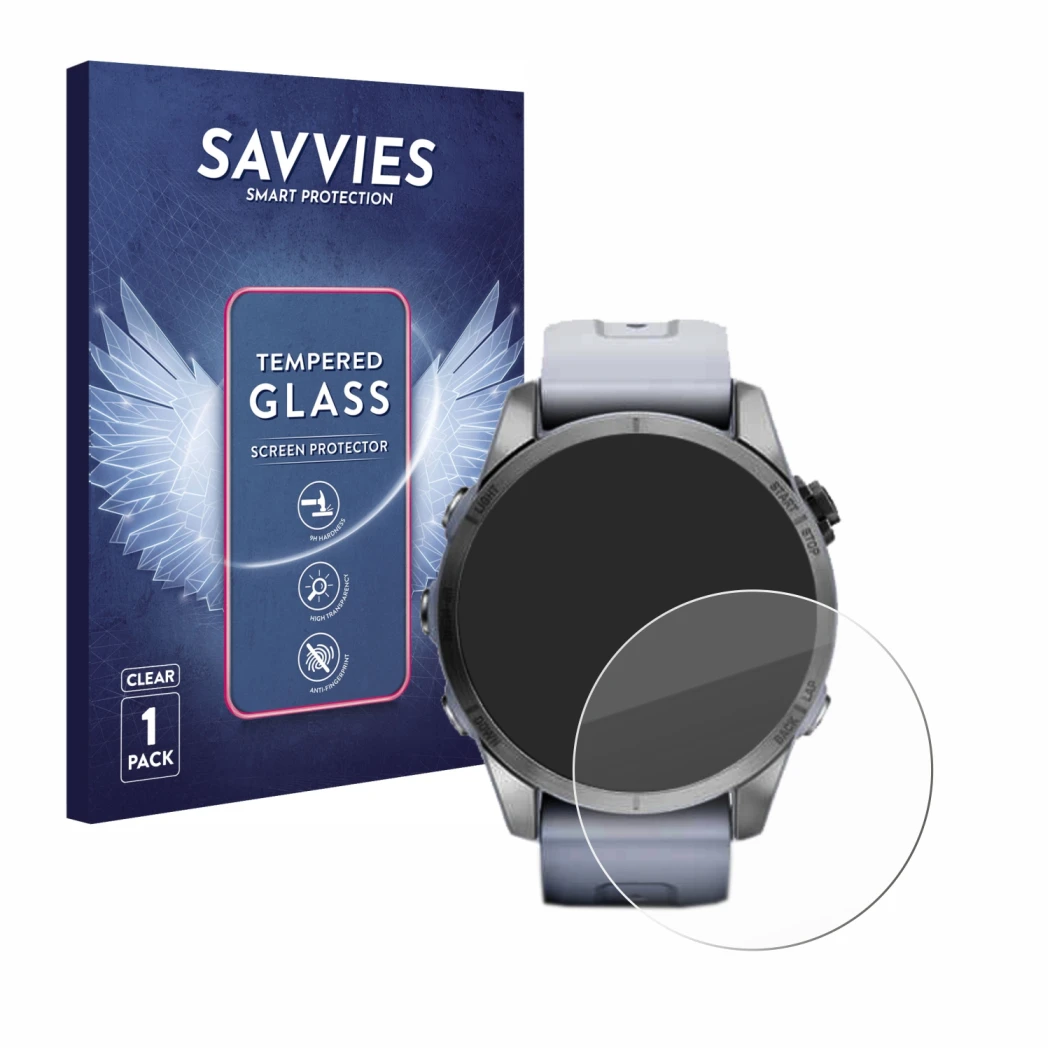 Face avant d’un emballage produit avec le logo de la marque Savvies. À côté, l’appareil Garmin Fenix 7S (42 mm) est représenté
