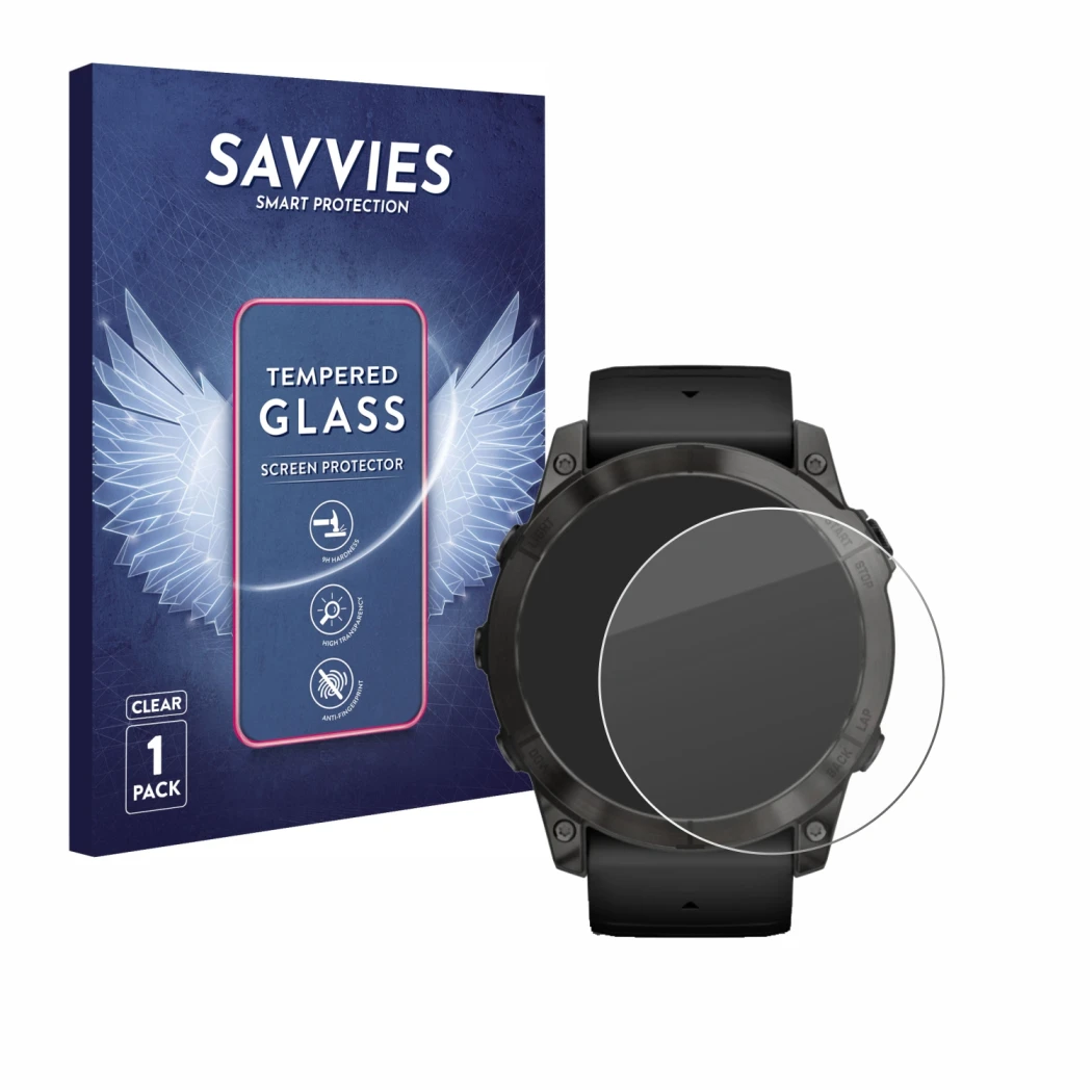 Face avant d’un emballage produit avec le logo de la marque Savvies. À côté, l’appareil Garmin Epix Pro (Gen 2) (51 mm) est re