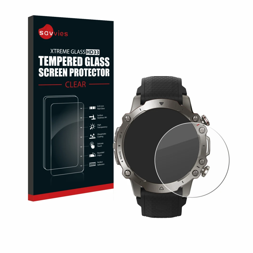 Face avant d’un emballage produit avec le logo de la marque Savvies. À côté, l’appareil Huami Amazfit Falcon est représenté av