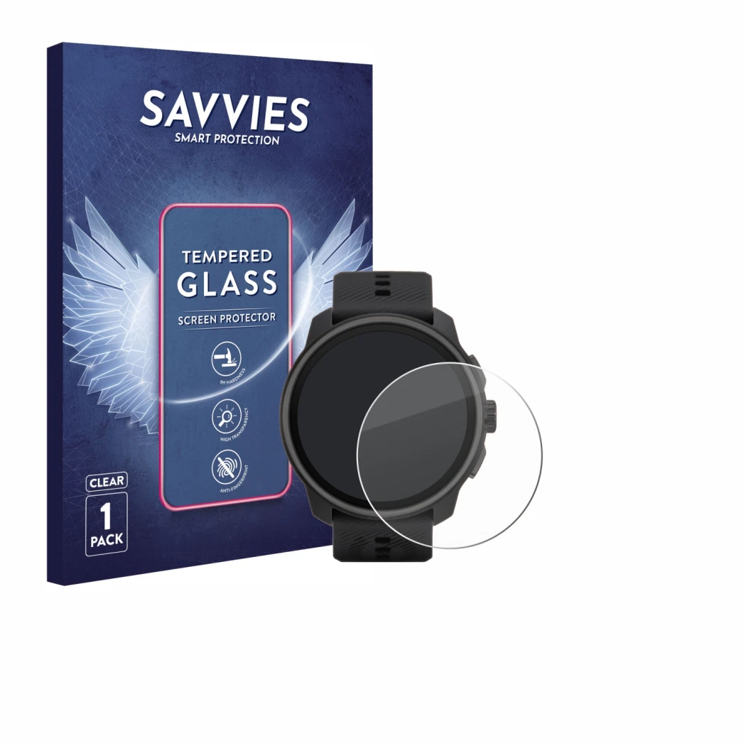 Face avant d’un emballage produit avec le logo de la marque Savvies. À côté, l’appareil Suunto Race S est représenté avec la p