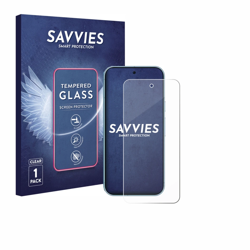 Face avant d’un emballage produit avec le logo de la marque Savvies. À côté, l’appareil Google Pixel 9 Pro est représenté avec