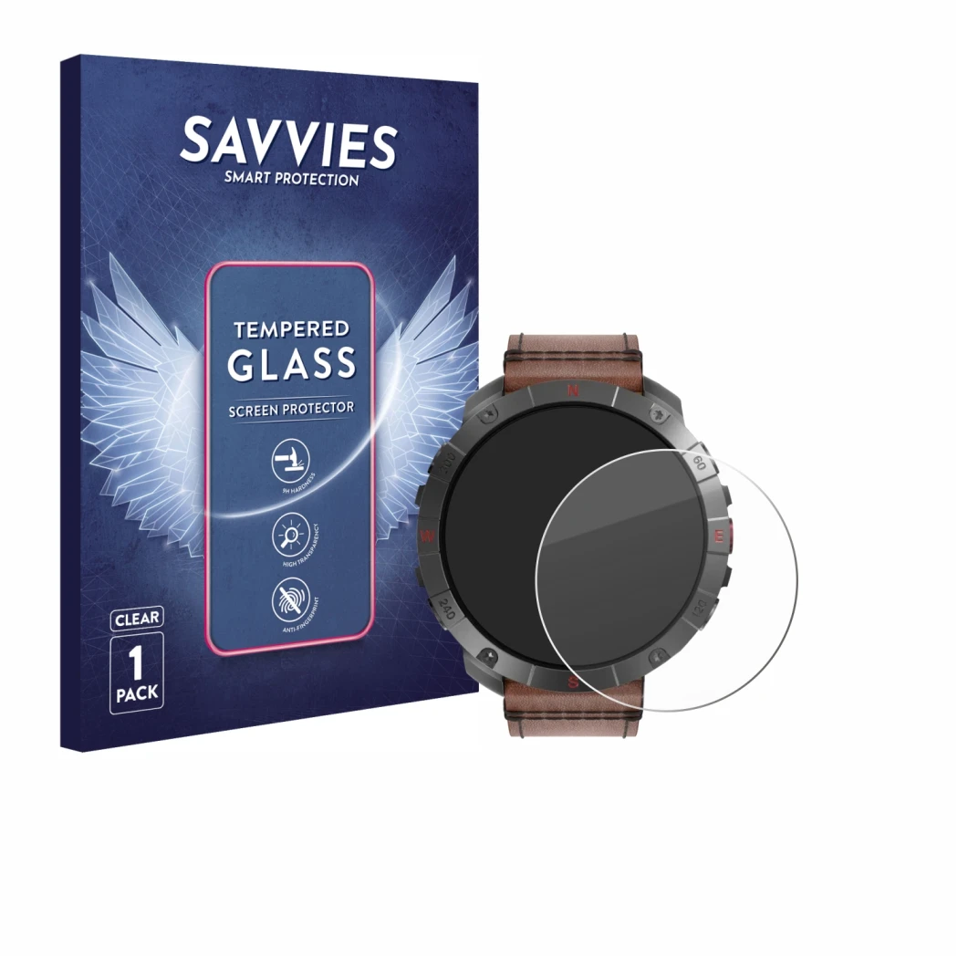 Face avant d’un emballage produit avec le logo de la marque Savvies. À côté, l’appareil Polar Grit X2 Pro Titan est représenté