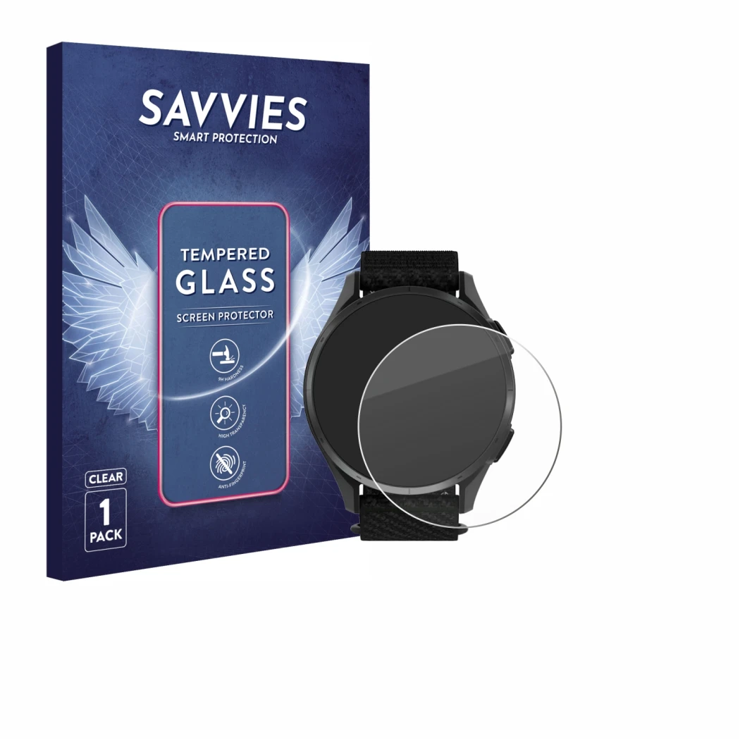Face avant d’un emballage produit avec le logo de la marque Savvies. À côté, l’appareil Garmin Approach S50 est représenté ave