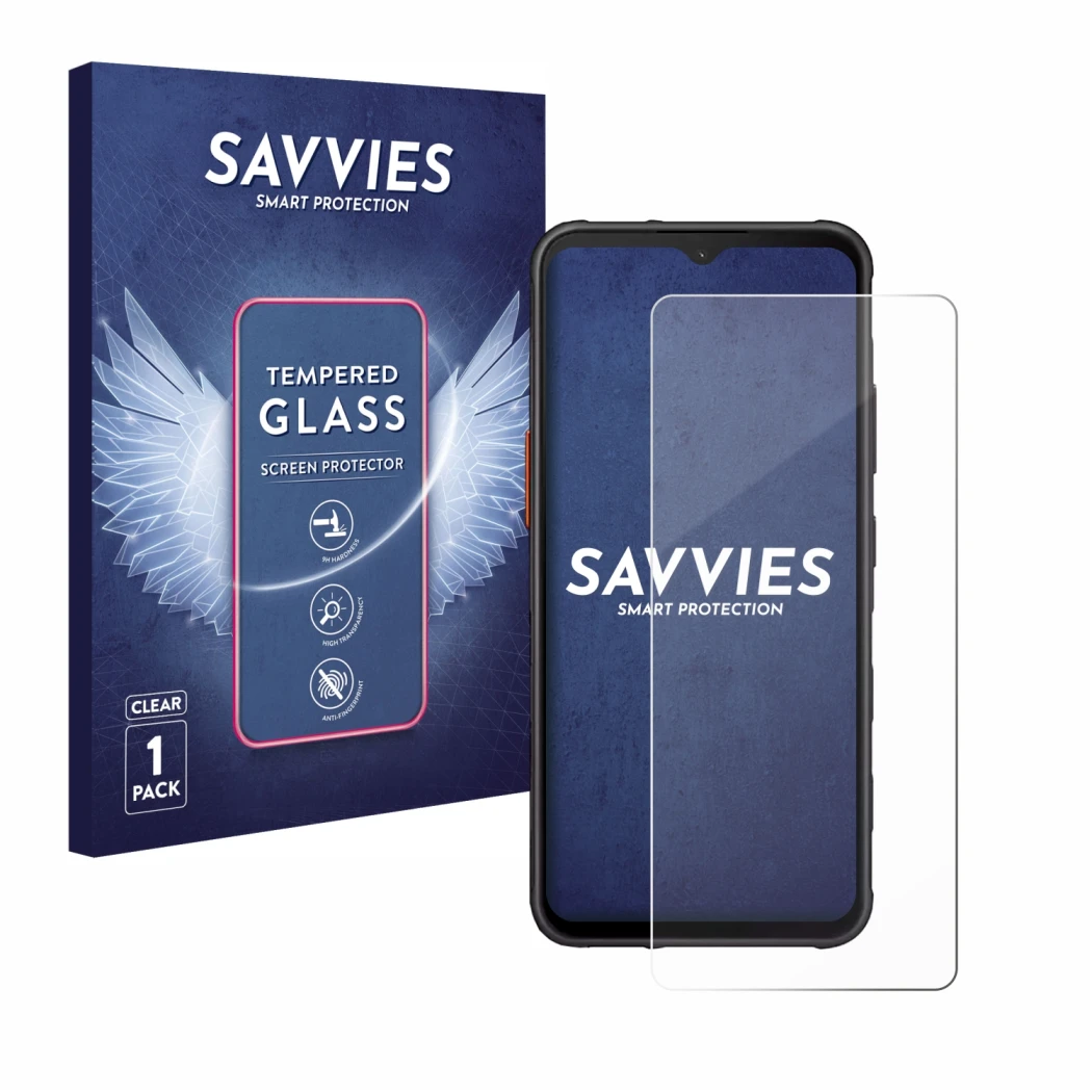 Face avant d’un emballage produit avec le logo de la marque Savvies. À côté, l’appareil Samsung Galaxy XCover 7 Enterprise Edi