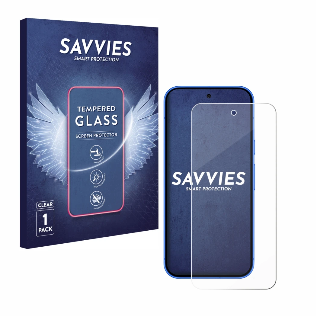 Face avant d’un emballage produit avec le logo de la marque Savvies. À côté, l’appareil Google Pixel 10 est représenté avec la