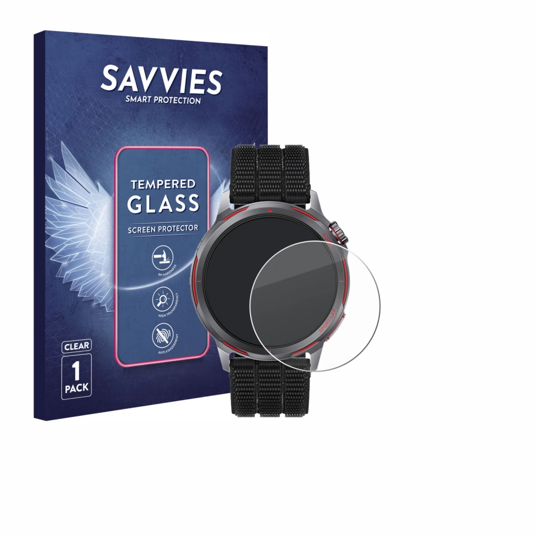 Face avant d’un emballage produit avec le logo de la marque Savvies. À côté, l’appareil Huawei Watch GT Runner 2 est représent