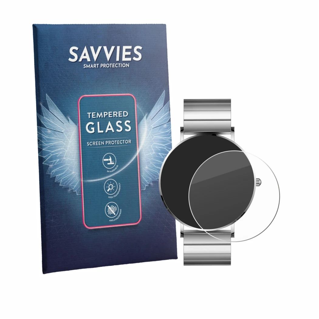 Face avant d’un emballage produit avec le logo de la marque Savvies. À côté, l’appareil Xcoast Minimalist Unisex Smartwatch es