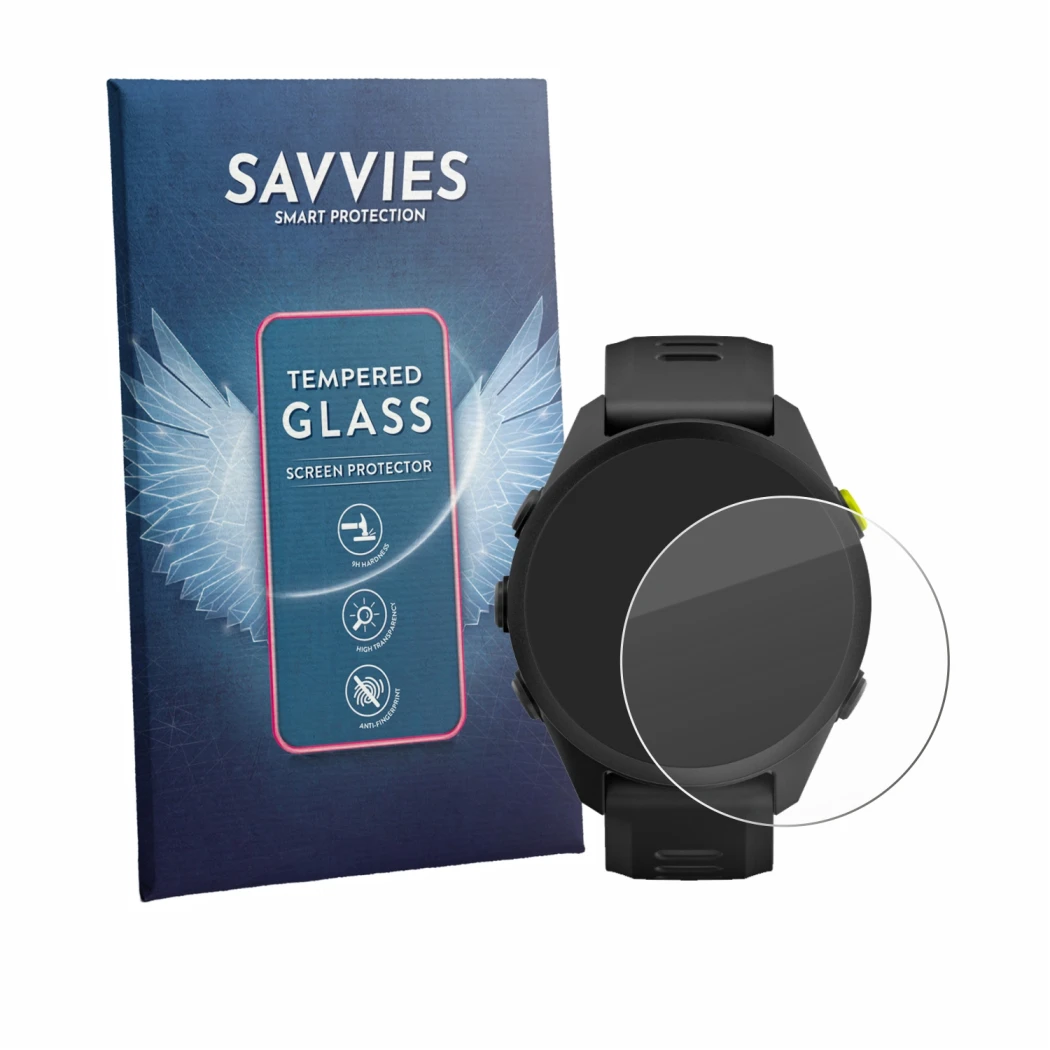 Face avant d’un emballage produit avec le logo de la marque Savvies. À côté, l’appareil Garmin Forerunner 70 est représenté av