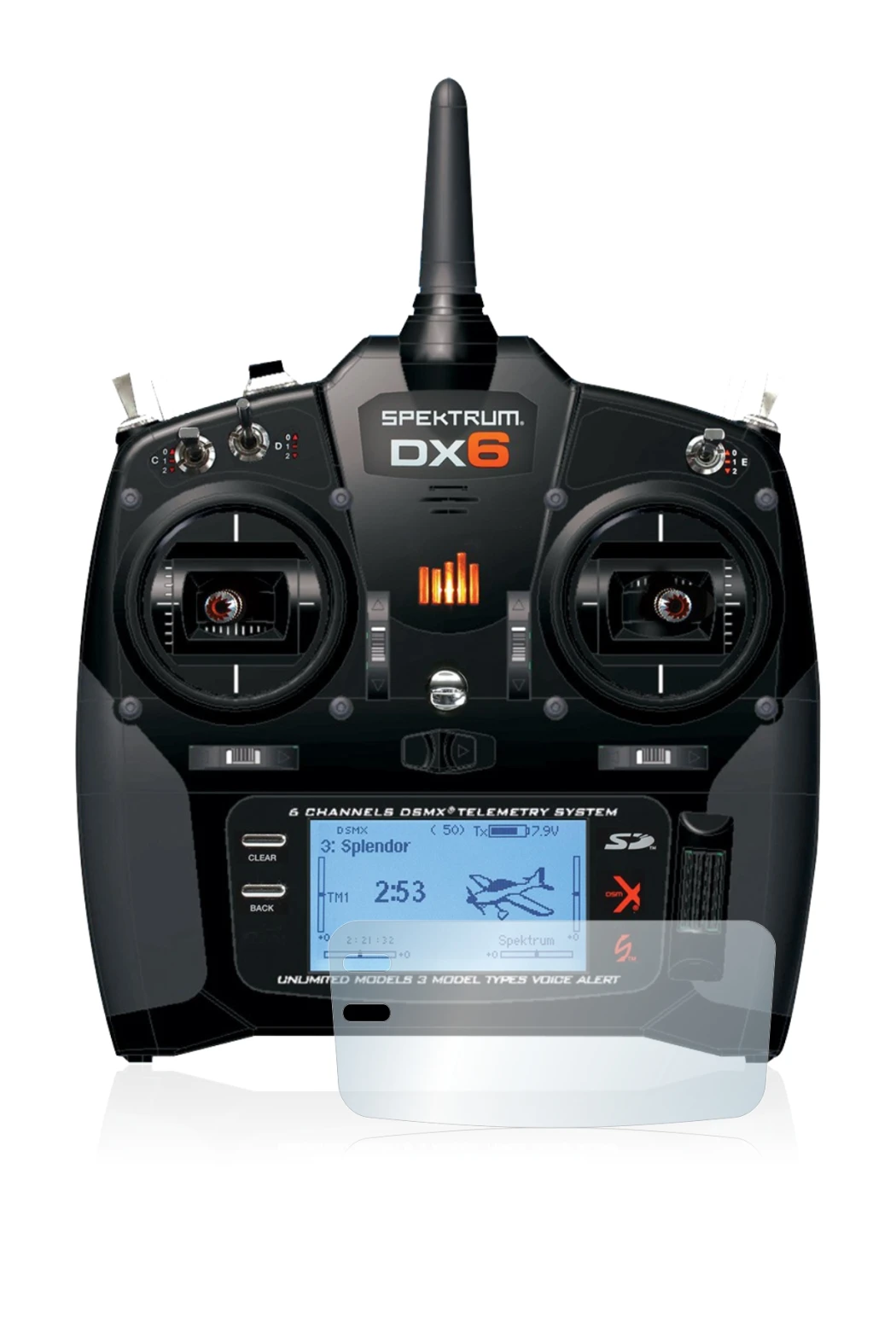 Image de l'appareil Spektrum DX6 avec une grande variété de protections d'écran.