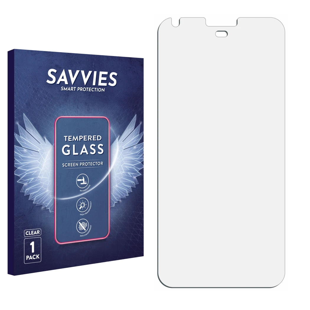 Face avant d’un emballage produit avec le logo de la marque Savvies. À côté se trouve la protection d’écran correspondante.