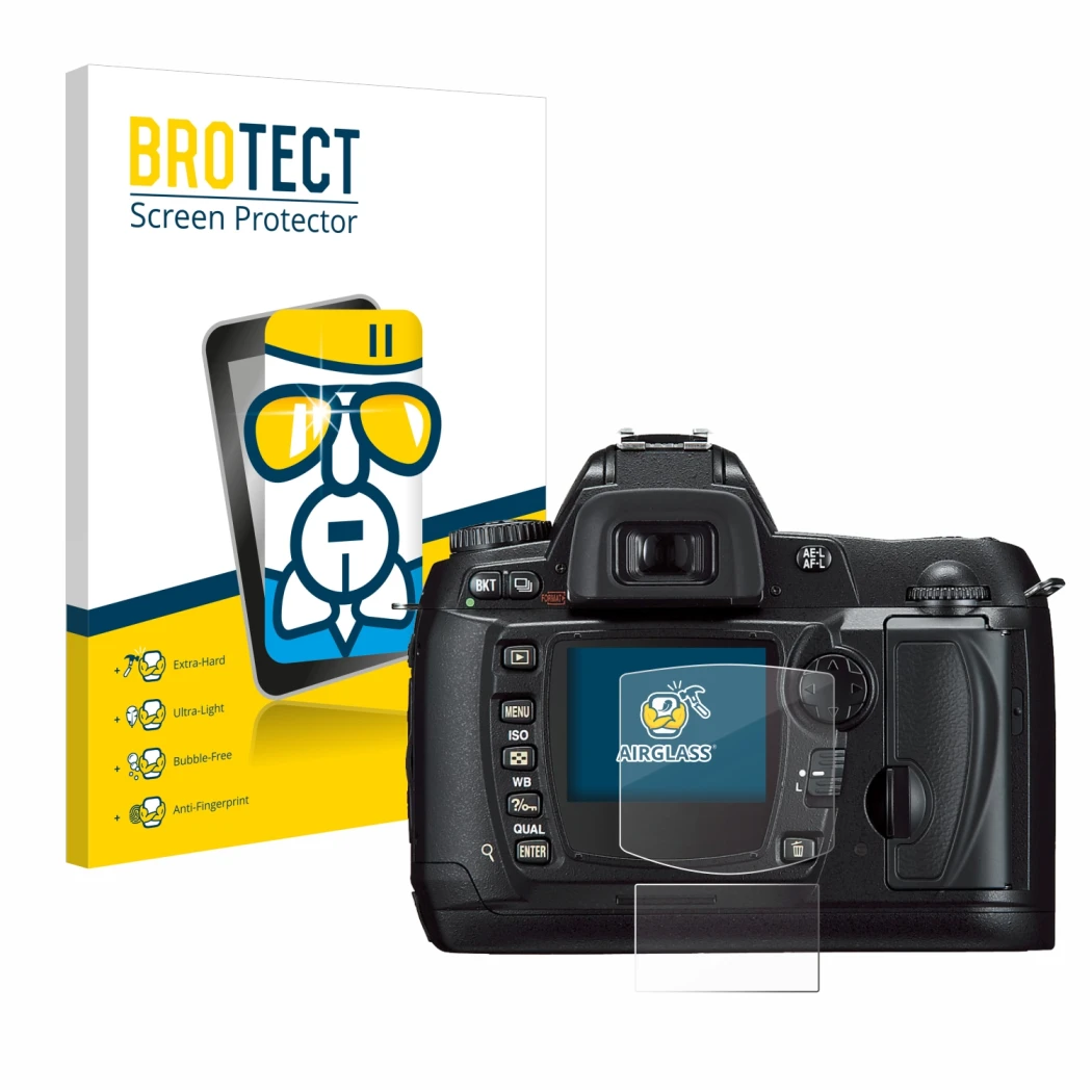 Face avant d’un emballage produit avec le logo de la marque BROTECT. À côté, l’appareil Nikon D70 est représenté avec la prote