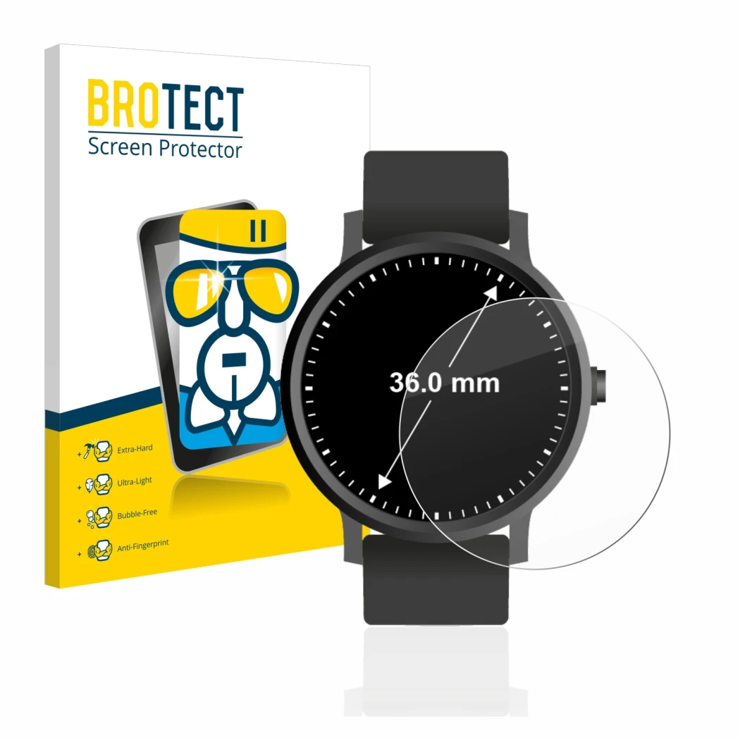 Face avant d’un emballage produit avec le logo de la marque BROTECT. À côté, l’appareil Montres (Circulaire, ø: 36 mm) est rep