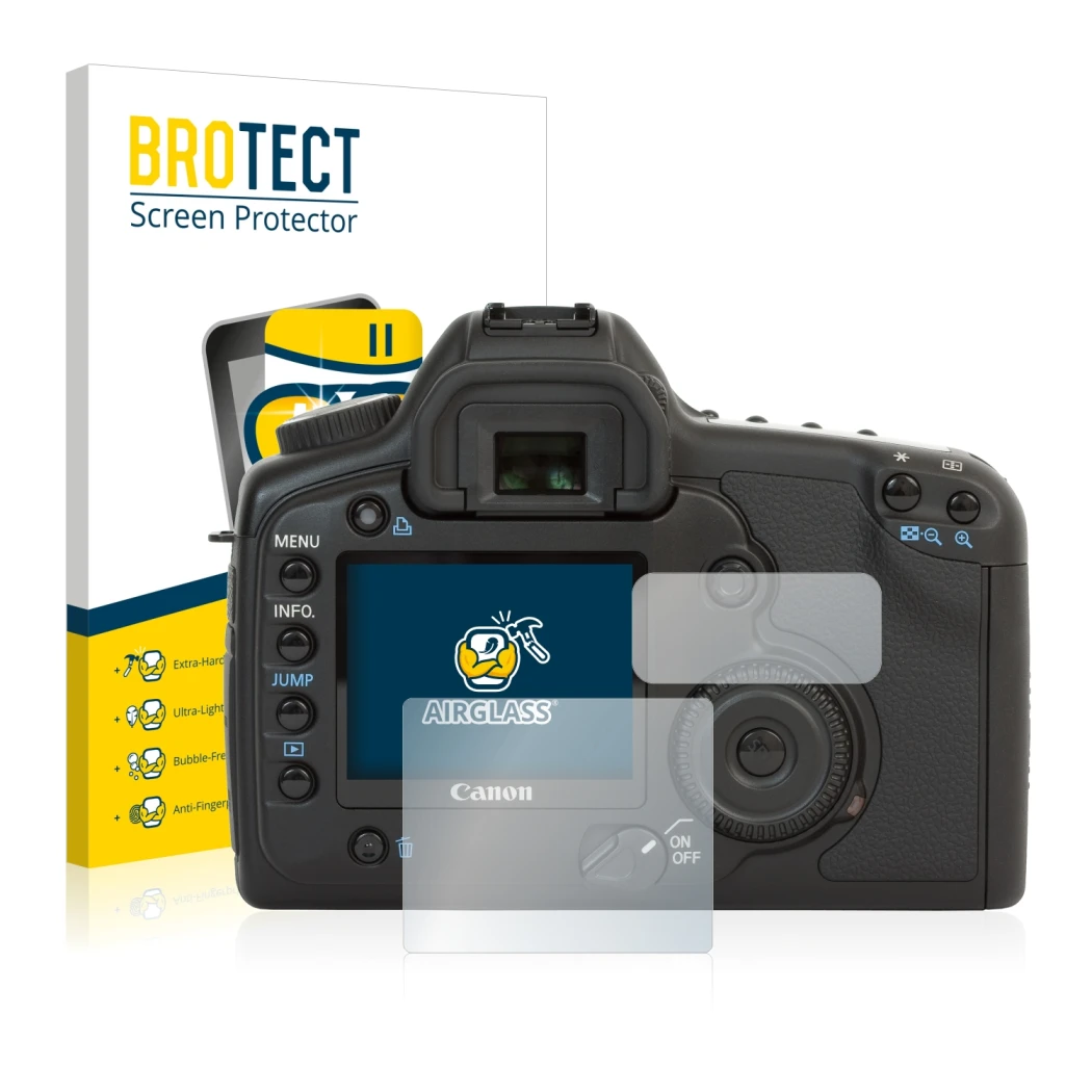 Face avant d’un emballage produit avec le logo de la marque BROTECT. À côté, l’appareil Canon EOS 5D est représenté avec la pr