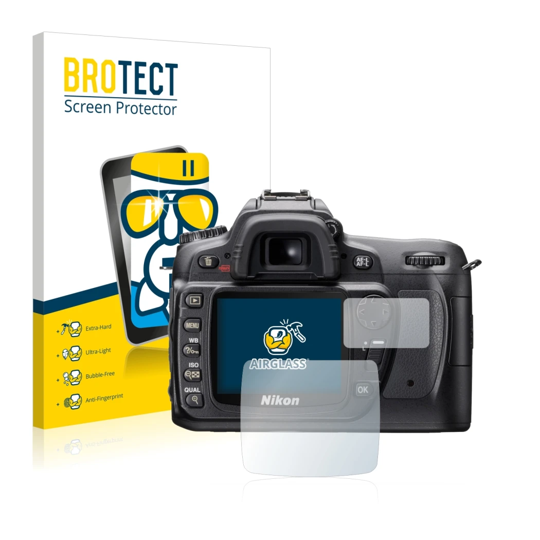 Face avant d’un emballage produit avec le logo de la marque BROTECT. À côté, l’appareil Nikon D80 est représenté avec la prote