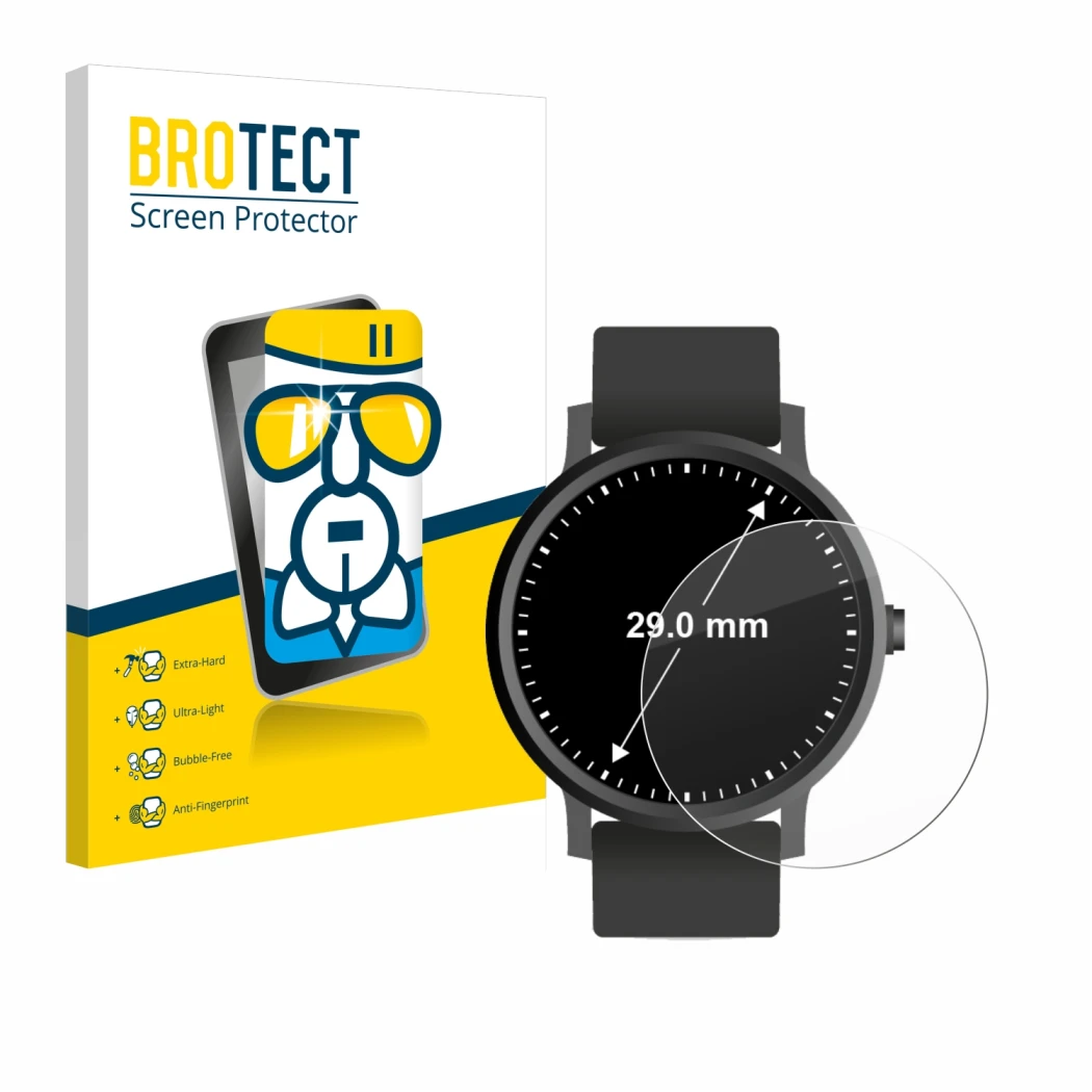 Face avant d’un emballage produit avec le logo de la marque BROTECT. À côté, l’appareil Montres (Circulaire, ø: 29 mm) est rep